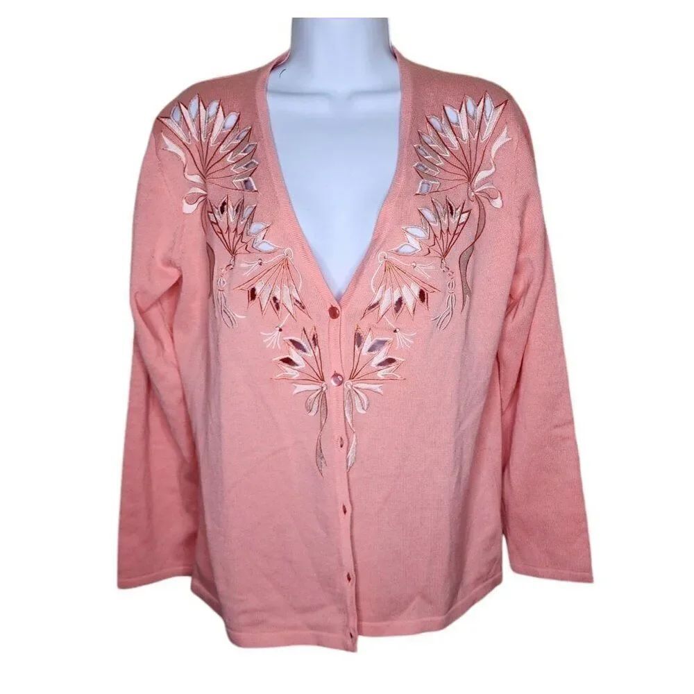 Bob Mackie Wearable Art Cardigan Sweater Fan Ribbon Cutout Women Size XS Pink